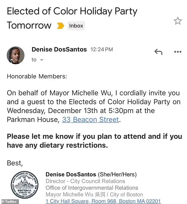 市長辦公室的關係主任桑托斯(Denise Dos Santos)向市議會的所有議員宣布:「謹代表市長吳女士,誠摯邀請各位嘉賓參加 12 月 13 日下午 5 時 30 分舉行的有色人種當選者派對,地點為波士頓市長接待會館。」 圖 : 翻攝自X(前推特)