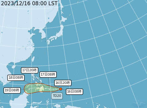 菲律賓東方海面仍有一個熱帶性低氣壓TD20生成，若成颱將會是今年第18號颱風「艾維尼」。   圖：取自中央氣象署
