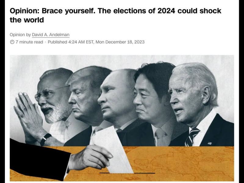 美國媒體CNN就把台灣、美國、印度的大選列為最重要的選舉，將賴清德副總統的頭像與美國總統拜登、印度總理莫迪、以及同樣要進行選舉的俄國總統普丁並列。   圖：取自翁達瑞臉書（資料照片）