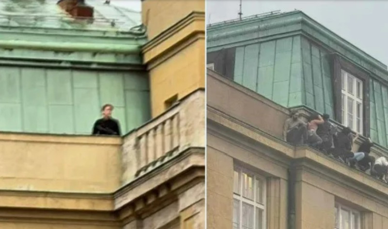 捷克布拉格的查理大學傳出槍擊案，黑衣槍手站在高處，一群民眾冒險攀在陽台外躲著他。   圖：翻攝推特@visegrad24