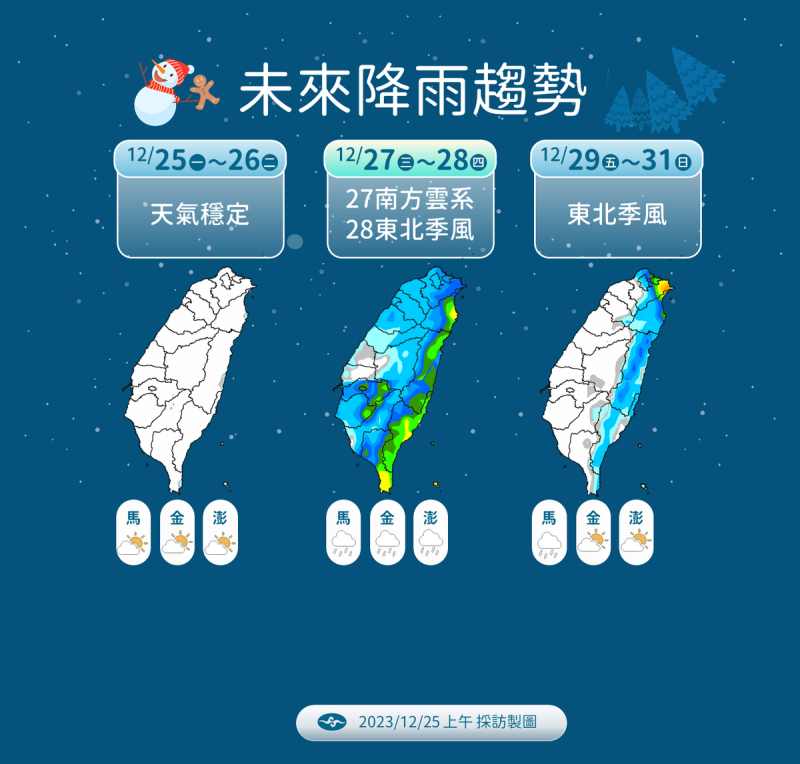 第2波冷空氣週日報到，強度接近冷氣團等級，北部、東半部雲量偏多，迎曙光碰運氣。   圖：中央氣象署／提供