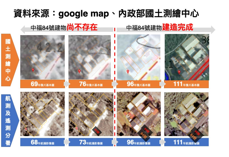 新北市地政局以內政部國土測繪中心空照圖，對照航測及遙測分署拍攝影像資料，顯示賴清德萬里老家建物是民國92年才出現的新量體，並非有礦工工寮修建。   圖：新北市工務局/提供