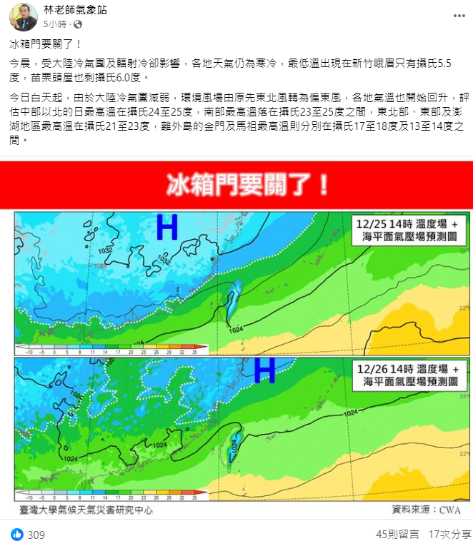 《林老師氣象站》指出，「冰箱門要關了」，近期的低溫已到尾聲，今(26)日白天開始，大陸冷氣團減弱氣溫回升。   圖：取自林老師氣象站