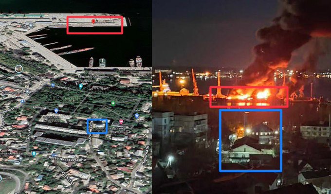當地時間 26 日凌晨俄羅斯費奧多西亞港地區發生多起劇烈爆炸，圖為費奧多西亞港衛星圖。   圖：翻攝自X帳號「@bayraktar_1love」