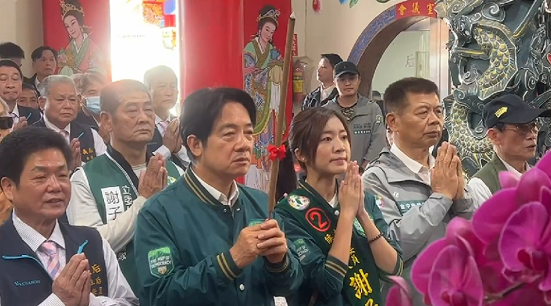 賴清德赴后里后義宮參香，與民進黨立委候選人謝子涵同台。   圖：謝子涵辦公/提供