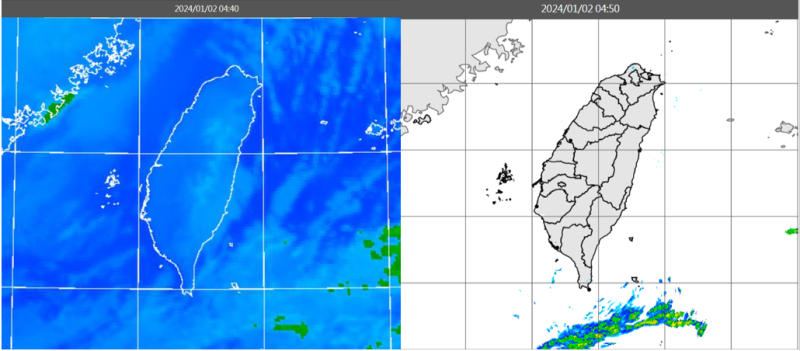 今日清晨紅外線色調強化雲圖顯示，各地晴朗雲層稀疏(左圖)。4：50雷達回波合成圖顯示，陸上無降水回波。   圖：翻攝自老大洩天機專欄