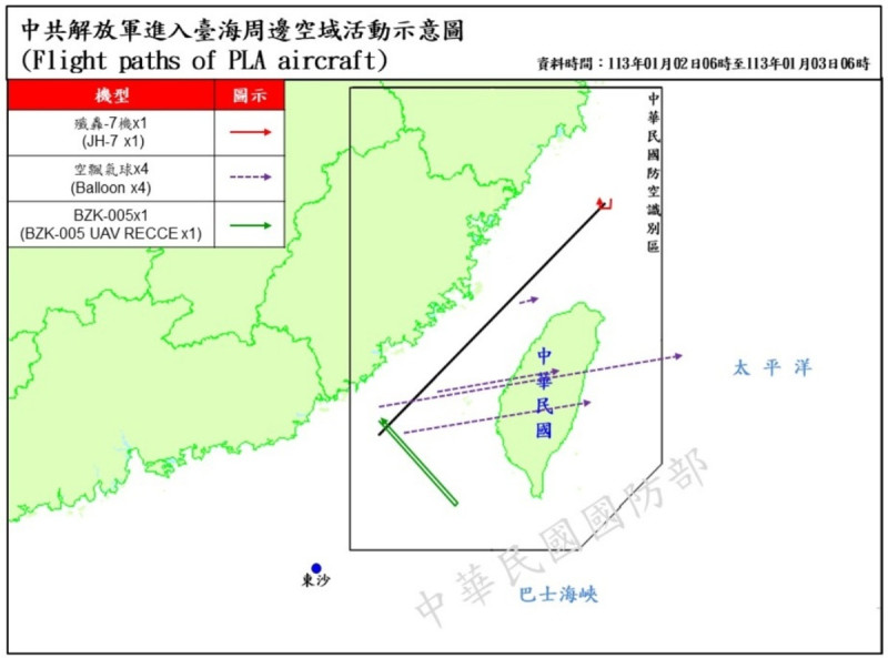國防部發布解放軍在台海周邊海、空域活動動態，偵獲4枚空飄氣球，其中3枚從台灣中南部地區穿越台灣本島上空。   圖：翻攝mnd.gov.tw