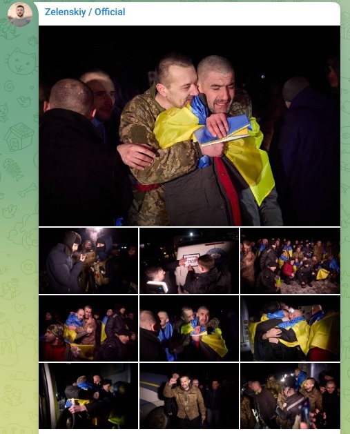 烏克蘭與俄羅斯3日展開戰爭以來，規模最大換囚行動，烏方有230名士兵與平民返國，不少人被披上烏國國旗，受到親友熱情擁抱。   圖：翻攝自澤連斯基Telegram