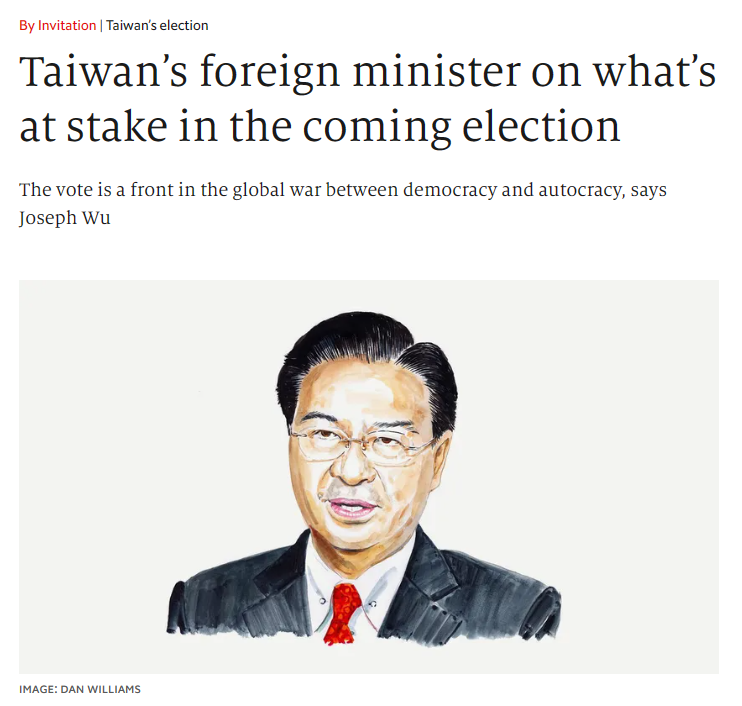外交部長吳釗燮以「即將來臨的台灣大選：風險何在？」（Taiwan’s coming elections: What is at stake? ）為題撰文，昨（3）天刊登於英國「經濟學人」（The Economist）期刊。   圖：截自「經濟學人」（The Economist）網站。