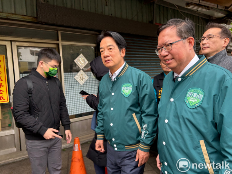 賴清德在鄭文燦、鄭運鵬的陪同下赴桃園龜山壽山巖觀音寺參香並受訪。   圖：黃宣尹/攝