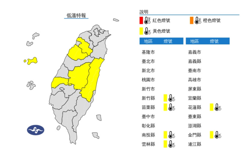 中央氣象署還針對6縣市發布低溫特報，有10度以下氣溫發生的機率，請注意保暖。   圖/中央氣象署