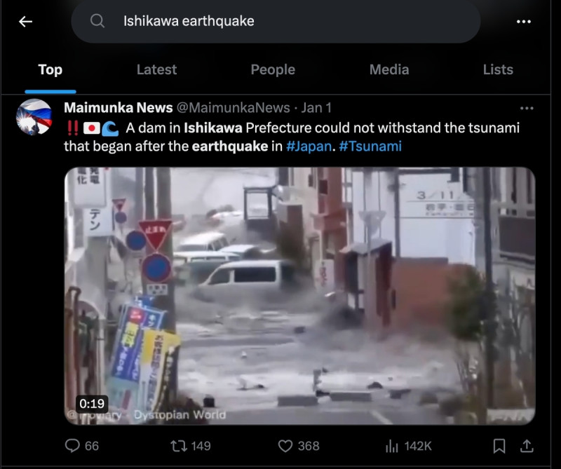記者實測，於社群媒體「X」上以關鍵字「石川地震」、「Ishikawa earthquake」搜尋，即會出現若干疑似 311 地震當時的災害畫面。   圖：擷自「X」（原推特）