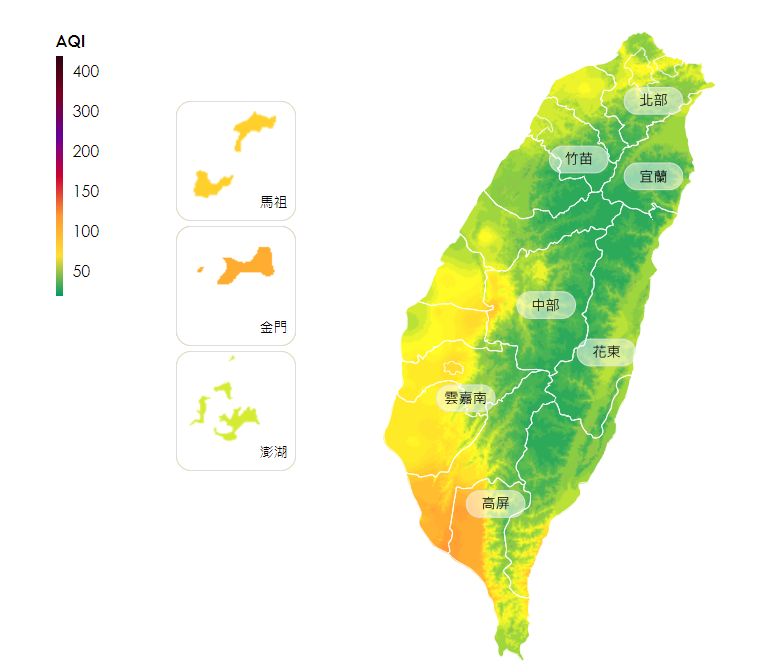 中國上海一帶PM2.5小時濃度約80到120微克/立方公尺，今日清晨起東北季風逐漸增強，隨大陸冷氣團南下影響空氣品質。   圖：翻攝自環境部空品監測網