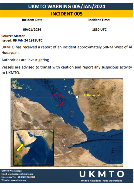 英國海事貿易營運組織(UKMTO)於9 日早上發布，距離葉門荷台達 50 海浬處有商船遭到襲擊的消息。   圖：翻攝自UKMTO X帳號
