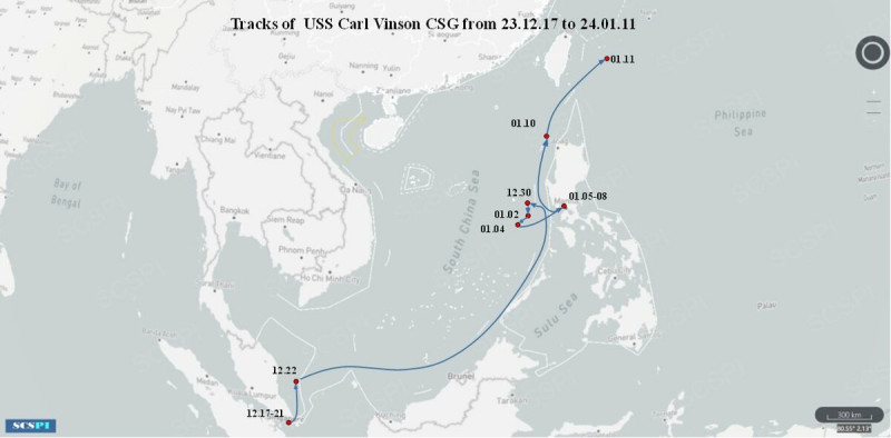 中國半官方智庫「南海戰略態勢感知計劃平台」(SCSPI)發布美軍「卡爾文森號(USS Carl Vinson CVN-70)」航艦航跡圖。   圖：翻攝「X」@SCS_PI