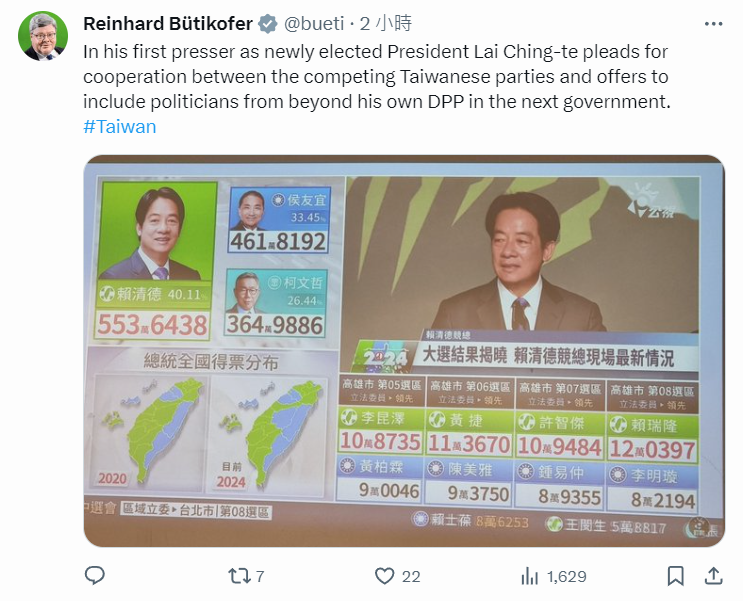 歐洲議會的挺台議員包瑞翰（Reinhard Bütikofer）也在社群媒體平台上即時表達對台灣大選的關切，分享賴清德提出願與競爭黨合作組成新政府的說法。   圖 : 翻攝自X帳號 @bueti