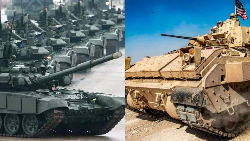 俄國T-90M 主戰坦克(左)與M2A2「布拉德利」步戰車(右)。 圖 : 翻攝自騰訊網(新頭殼合成) 俄國T-90M 主戰坦克(左)與M2A2「布拉德利」步戰車(右)。 圖 : 翻攝自騰訊網(新頭殼合成)