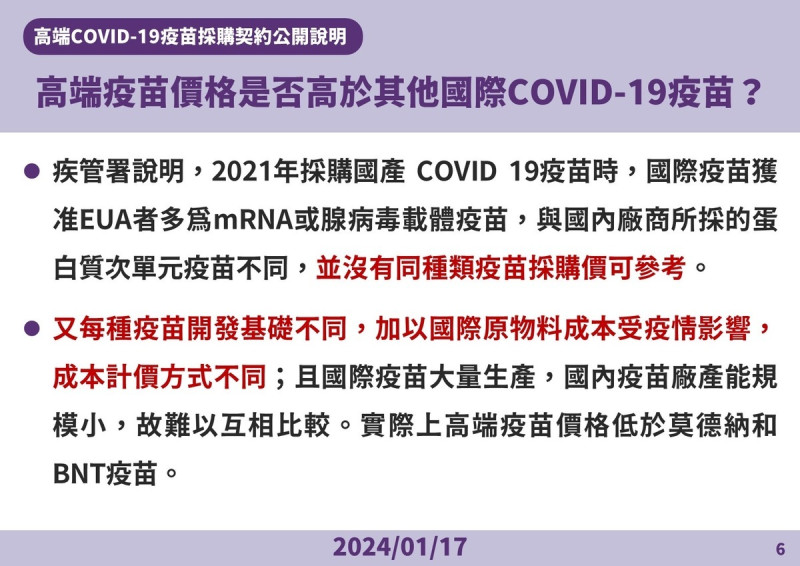 高端價格說明。 圖:疾管署/提供