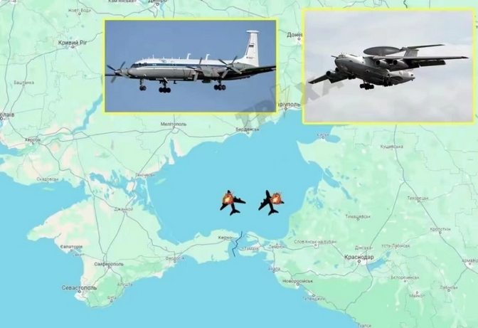  俄軍空中指揮所伊爾-22M和預警機A50被擊落的地理位置在亞 速海的上方空域。 圖 : 翻攝自河東三叔 