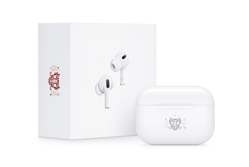 AirPods Pro 2龍年特別版有龍圖像的鐫刻，被星星與煙火圍繞，並採用搶眼的紅色。   圖：截自蘋果官網。