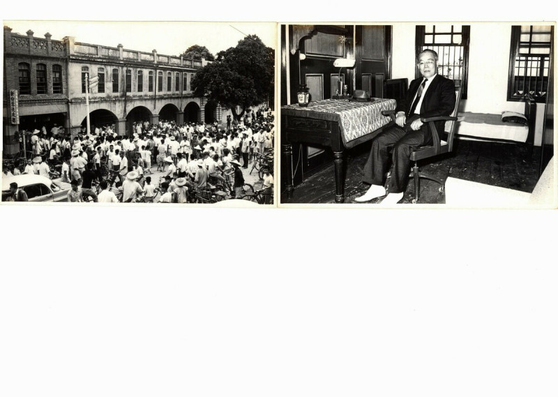 1965年，廖文毅返抵雲林西螺老家留影（圖右）及老家住宅外群眾聚集照片（圖左）。 圖：國史館提供（資料照） 