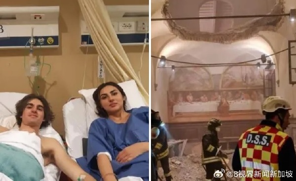 義大利一家擁有數百年歷史的修道院在舉行婚禮期間出現了天花板倒塌，造成 35 人受傷。   圖：翻攝自微博帳號「8視界新加坡」