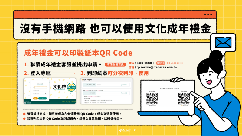 聯繫客服申請紙本QR-code並列印出來即可使用。   圖：文化部／提供