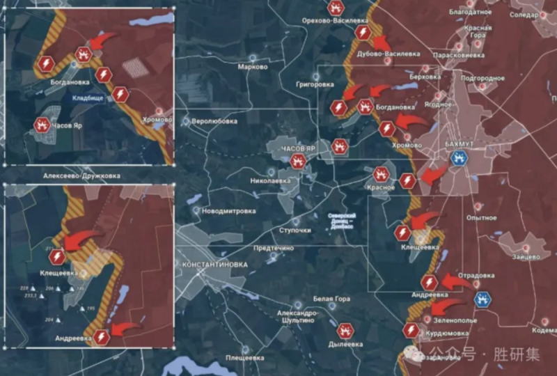 在巴赫穆特方向，俄軍正在查索夫亞爾村方向的人工林發動突擊行動。據報導，在巴赫穆特西北方向的柏格丹諾夫卡村，俄軍前進了 300 米。   圖：翻攝自「勝研集」