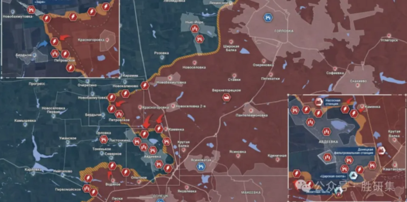 在阿夫傑耶夫斯基方向，俄羅斯軍隊正在佩爾沃邁斯基附近和焦炭化工廠以東進行攻擊。   圖：翻攝自「勝研集」