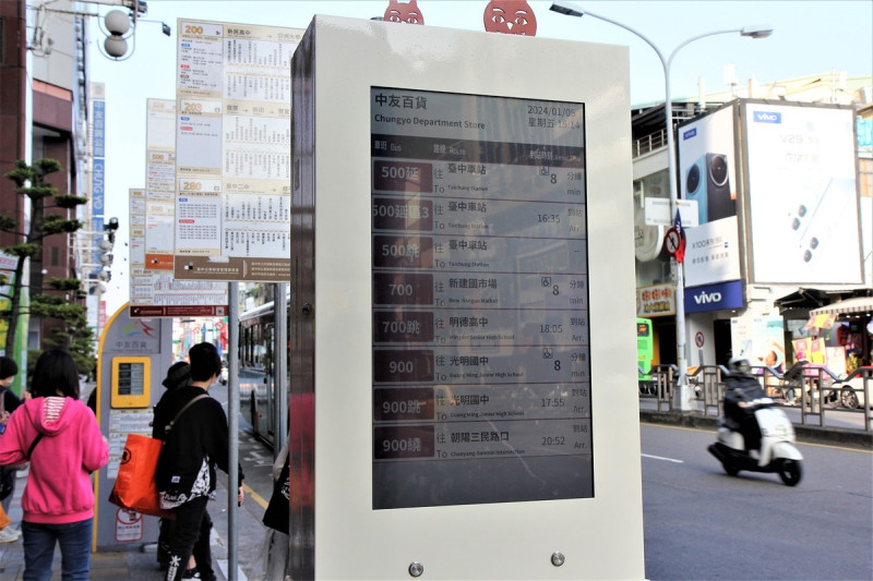 台中市新設立猶如平板電腦的智慧型站牌，以動態顯示各路線公車到站時間，並列中文-英文版的站名。   台中市政府交通局/提供