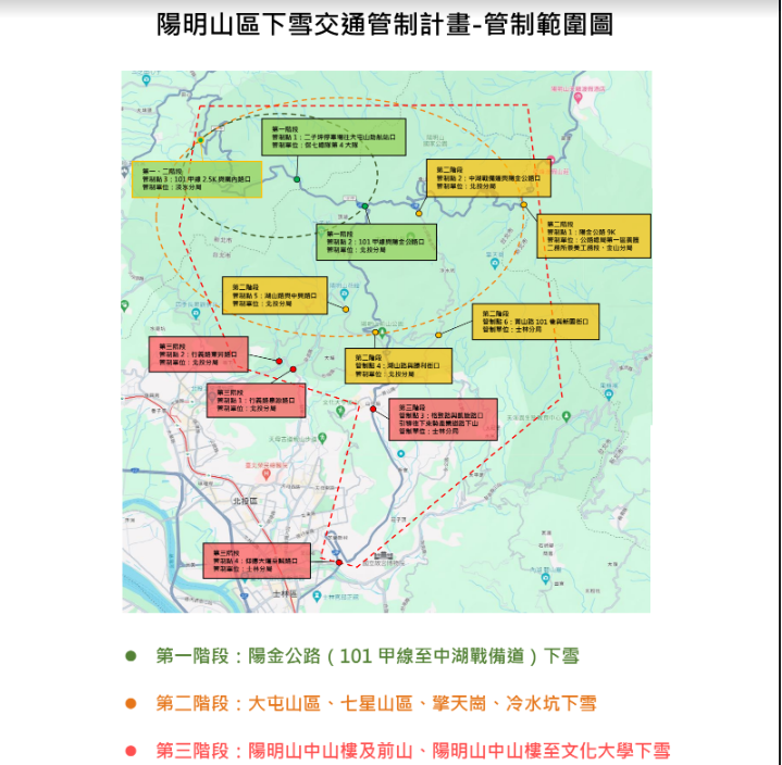 陽明山區下雪交通管制計畫-管制範圍圖。   圖：北市公共運輸處提供