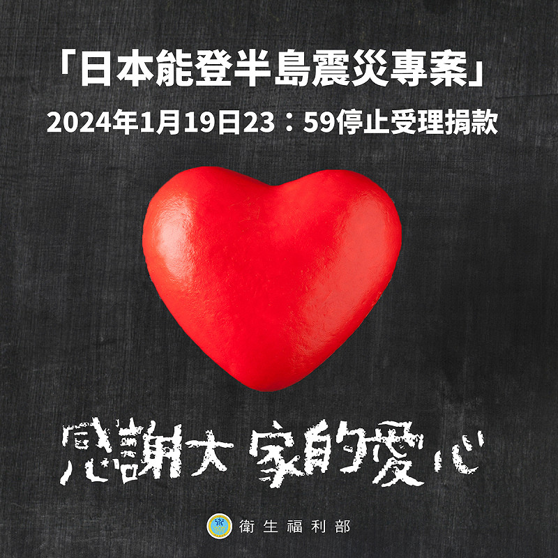 捐款期限已於1月19日截止，捐款13萬4,368筆、金額共5億4,158萬9,468元。   圖：取自衛生福利部臉書