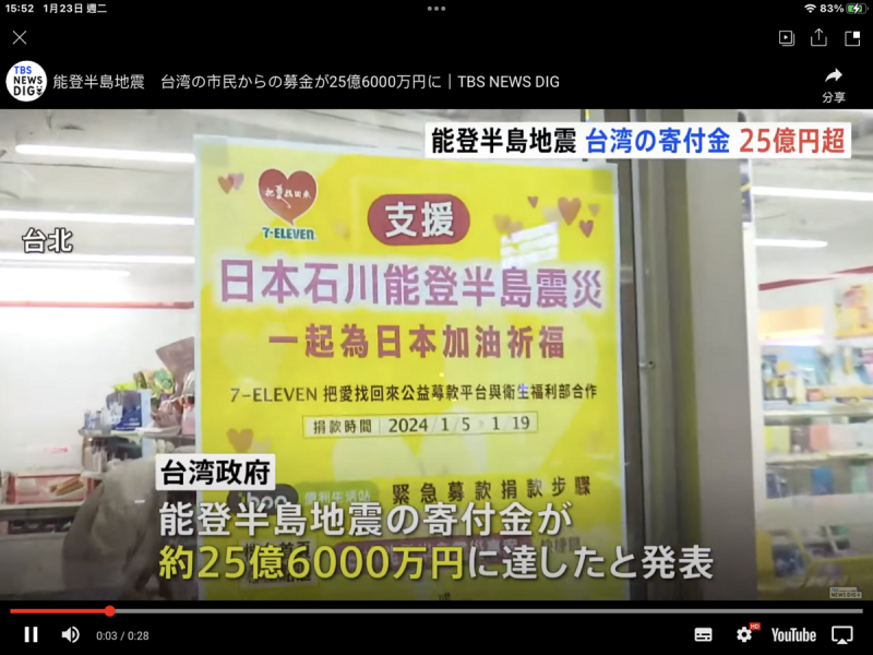  日本這次不論左右傾媒體都爭相報導台灣對能登震災捐款，而且不斷更新數字。 圖：攝自朝日新聞網站 