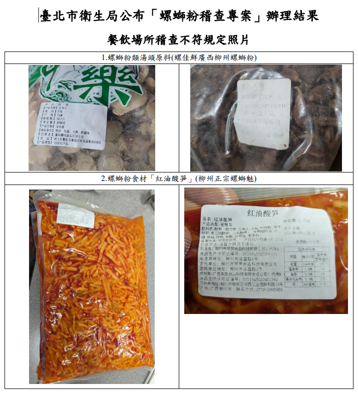 台北市衛生局公布了「螺螄粉稽查專案」的結果。 圖:台北市衛生局/提供