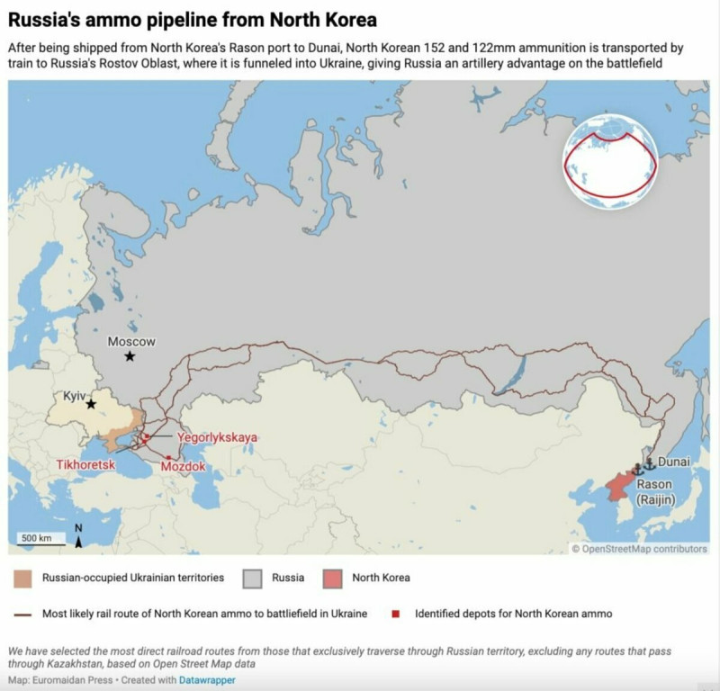 從近期衛星圖像推估，北韓自去年 10 月以來，將裝滿彈藥的準貨櫃於其東北部羅津港出發，以船隻運送至俄羅斯遠東城市海參威附近的杜奈（Dunay）港。   圖：取自「X」@Tatarigami_UA