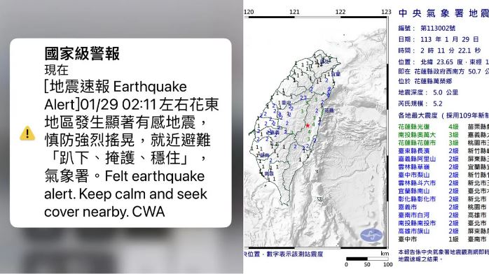 花蓮發生最大震度4級極淺層地震，有民眾收到「國家警報」。   圖：左翻攝臉書，右為氣象署提供