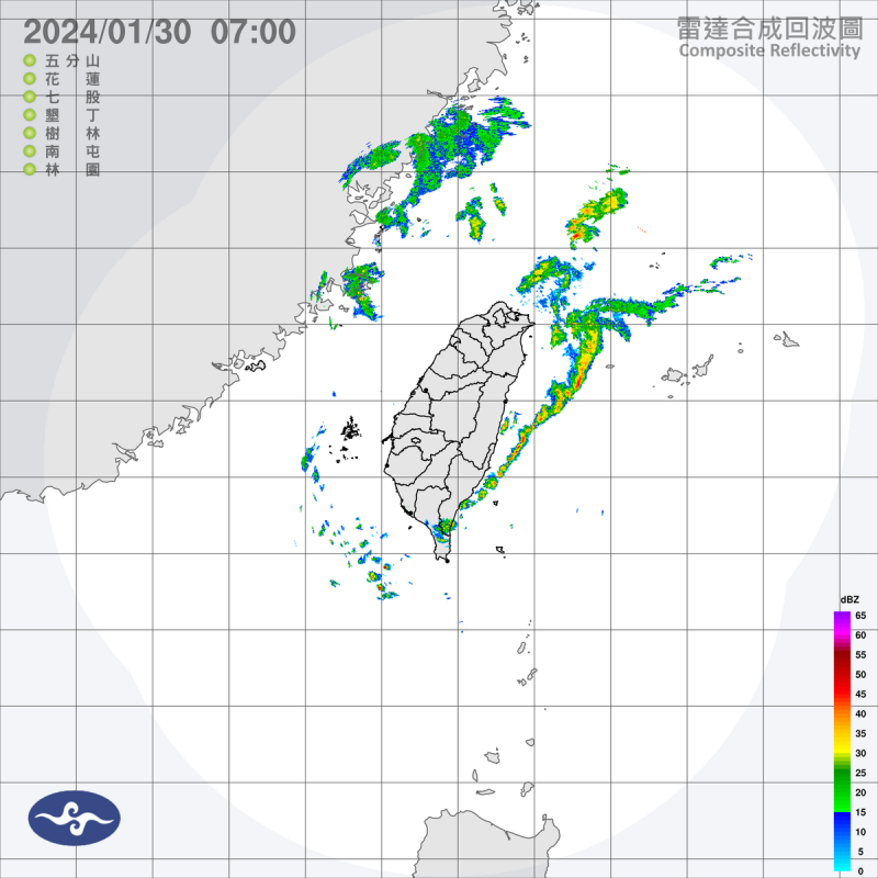 今天仍有水氣，東半部、恆春半島與馬祖將有局部短暫雨，花東可能有較大雨勢發生，北部山區也會有零星短暫雨。   圖：中央氣象署／提供