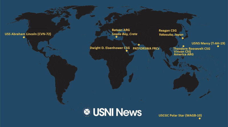  美國海軍學會新聞網29日最新報導美國海軍大型平台艦部署，在西太平有同時存在3艘航空母艦。 圖：翻攝美國海軍學會新聞網 