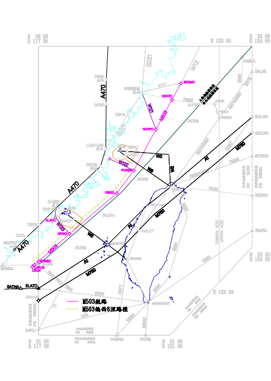 M503、W121、W122、W123航線圖，其中粉紅色的線是M503航線，紫色線是W121、W122、W123航線，而綠色虛線是M503原本偏西的路線。   圖：民航局／提供