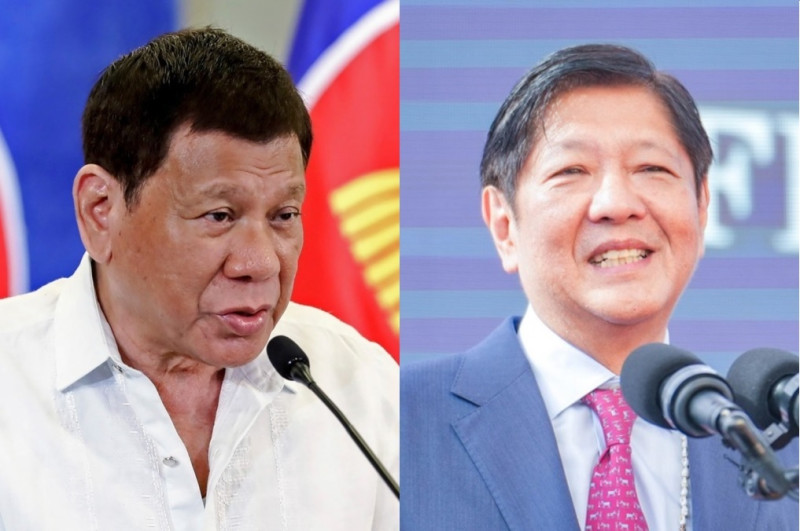 菲律賓前總統杜特蒂（左）疑似與中國簽有蜜意協議、現任總統小馬可仕（右）表示找不到。   圖：達志影像／美聯社、@bongbongmarcos／X