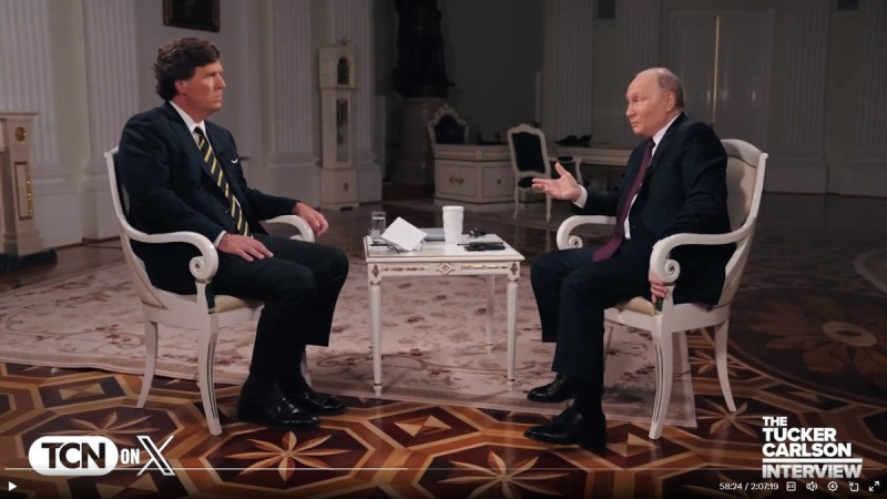 俄羅斯總統普丁接受美國右翼記者卡爾森專訪。   圖：翻攝卡爾森X（前推特）
