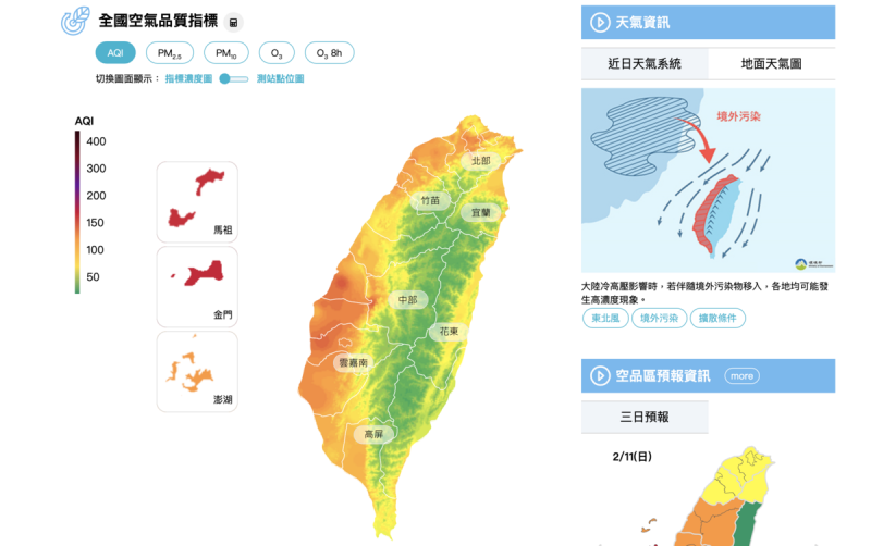 東北風挾帶境外汙染物移入影響台灣，下風處容易累積污染物，離島地區汙染物濃度較高。   圖：取自空氣品質監測網