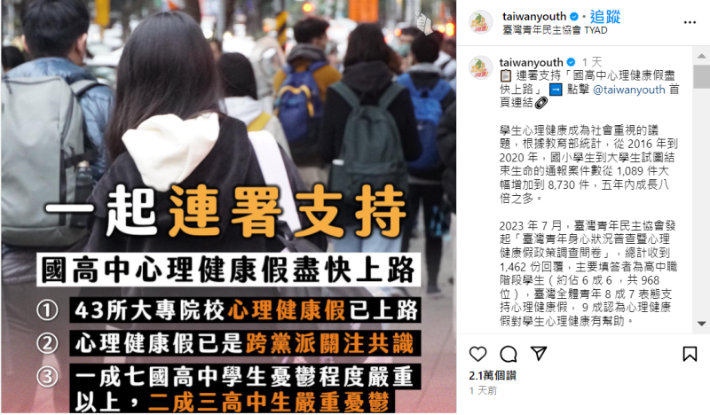 由台灣青年民主協會發起的「支持國高中心理健康假盡快上路」連署，在短短一天內，共有3,176位（包括2,678位高中生與498位國中生）來自全台各地的國高中生參與。   圖：擷自台灣青年民主協IG