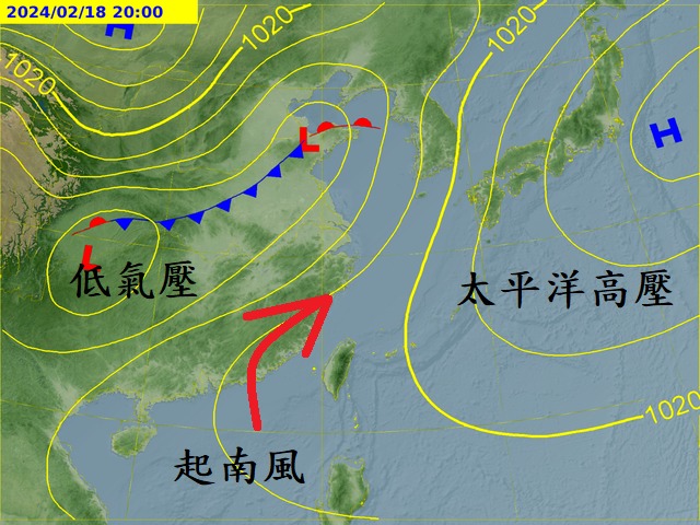 平洋高壓逐漸西伸，因此台灣將開始吹偏南風，平地白天氣溫可能回升到30度範圍。   圖：取自鄭明典