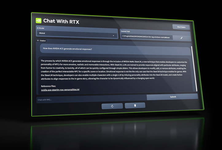 NVIDIA 推出AI 聊天機器人「Chat with RTX 」，使用者可離線運作，並享受它延遲性低的好處。   圖：翻攝自NVIDIA 網站