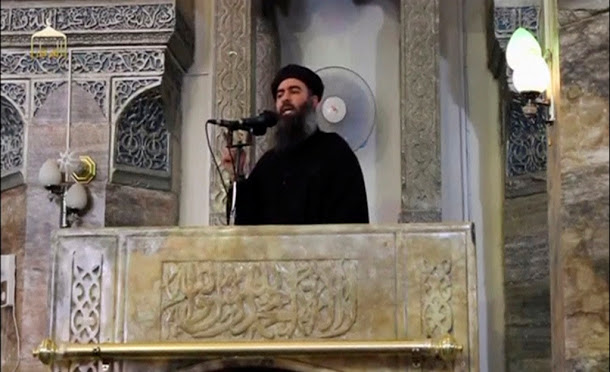 激進組織「伊斯蘭國」領袖巴格達迪2014年現身摩蘇爾努里大清真寺，宣布建立「哈里發國」。     圖：達志影像/路透社資料照片