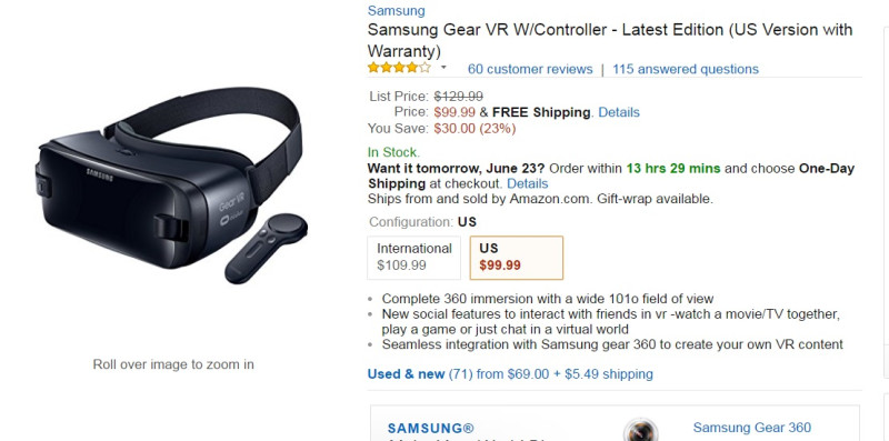 VR市場難生存？ Samsung Gear VR僅3個月即降價30美元。   圖：翻攝自amazon