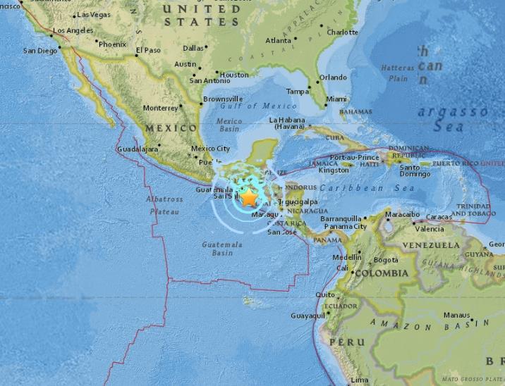瓜地馬拉近海今(22)日發生規模6.8地震。   圖：翻攝美國地質調查所