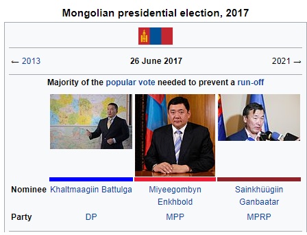 蒙古國26日舉行總統大選，3名候選人分別為民主黨的巴圖勒嘎（左起）、人民黨恩赫包勒德與人民革命黨的鋼巴特爾。   圖：翻攝維基網站