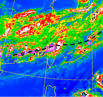 吳德榮寫道，圖為26日20時紅外線衛星雲圖顯示，梅雨鋒從日本南方海面向西南西延伸，經北部海面、馬祖至廣東，梅雨鋒附近伴隨強對流。   圖：翻攝自吳德榮洩天機教室